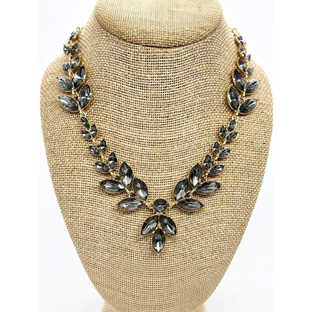 Rhinestone Statement Necklace Smoky Gray Crystal Gold Tone Laurel Leaf Bib